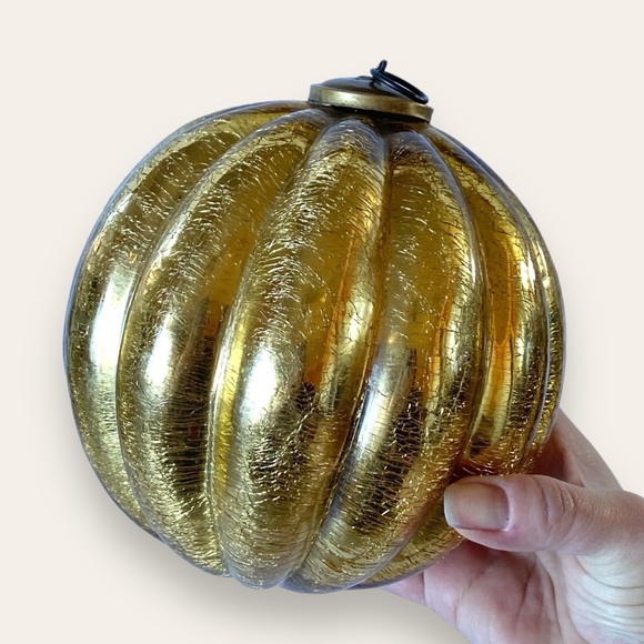 Vintage Oversized Gold Crackle Glass Melon Kugel Ball Ornament 7” - Picture 1 of 7